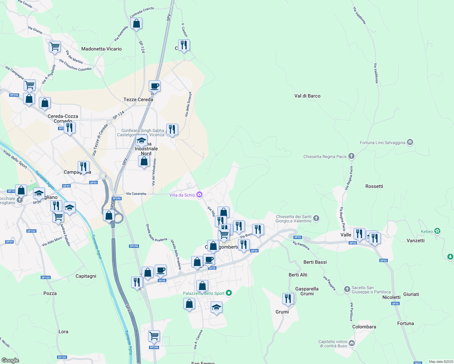 map of restaurants, bars, coffee shops, grocery stores, and more near 98 Via Pederiva in Castelgomberto