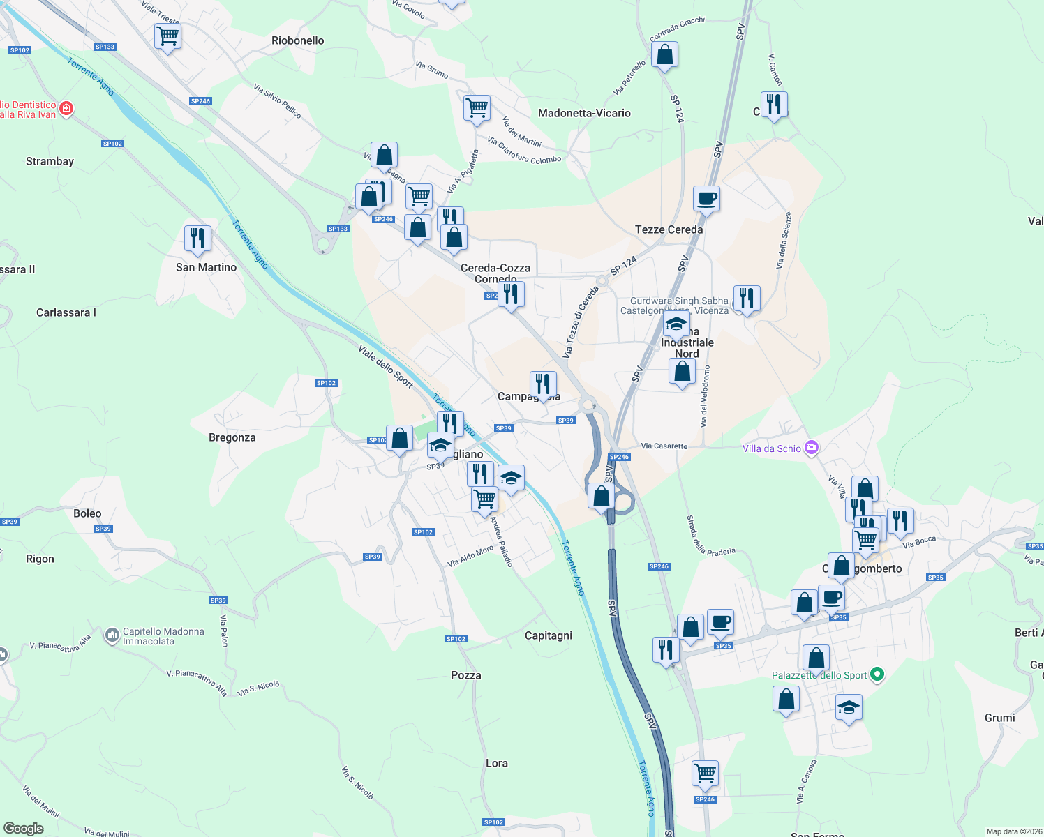 map of restaurants, bars, coffee shops, grocery stores, and more near 45 SP39 in Brogliano