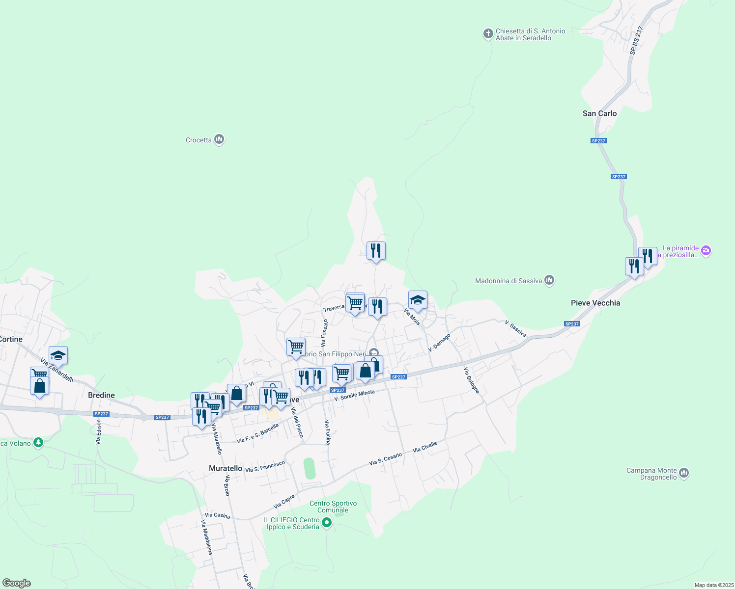 map of restaurants, bars, coffee shops, grocery stores, and more near 6 Via Ospitale in Nave