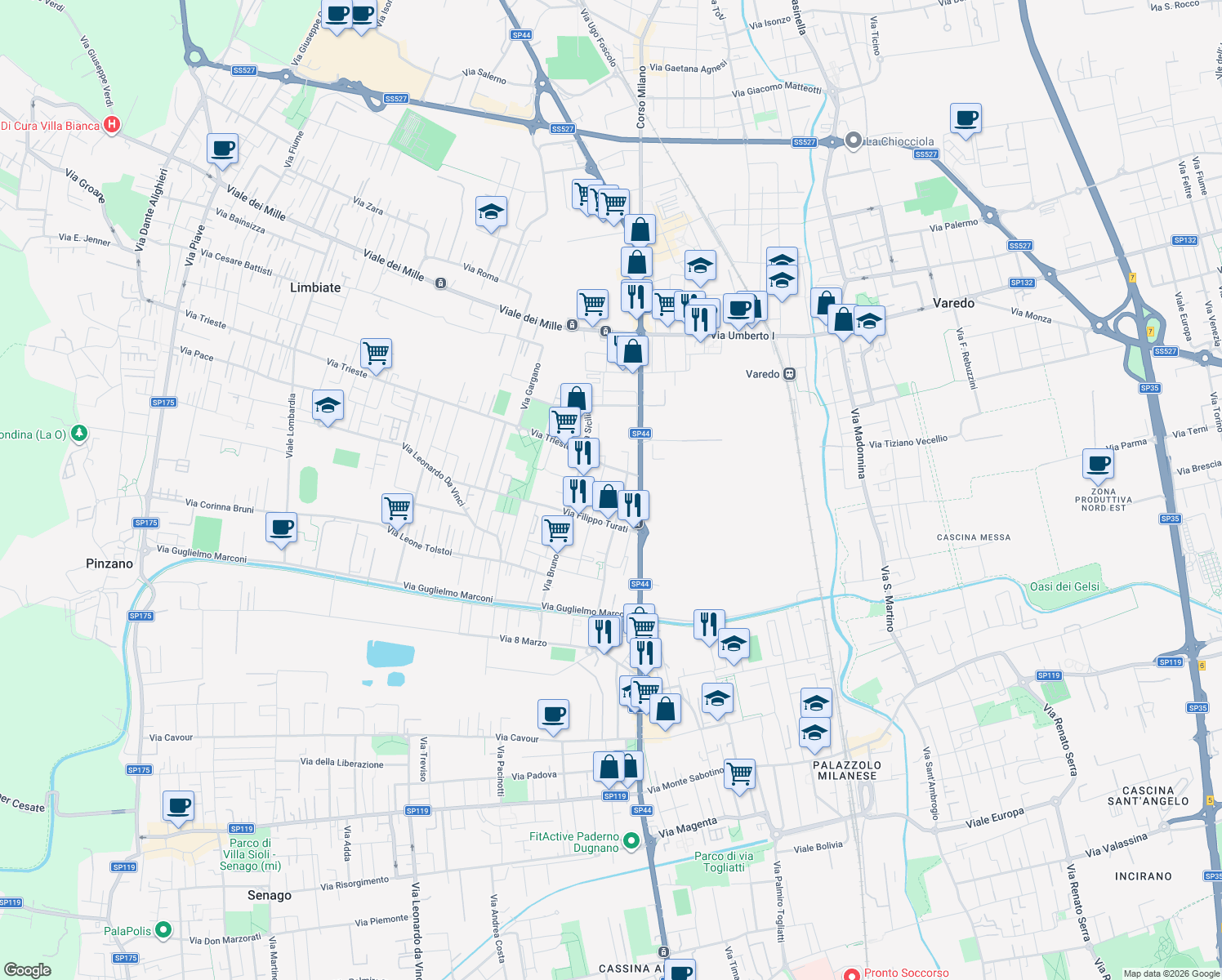 map of restaurants, bars, coffee shops, grocery stores, and more near 6/B Via Cesare Beccaria in Limbiate