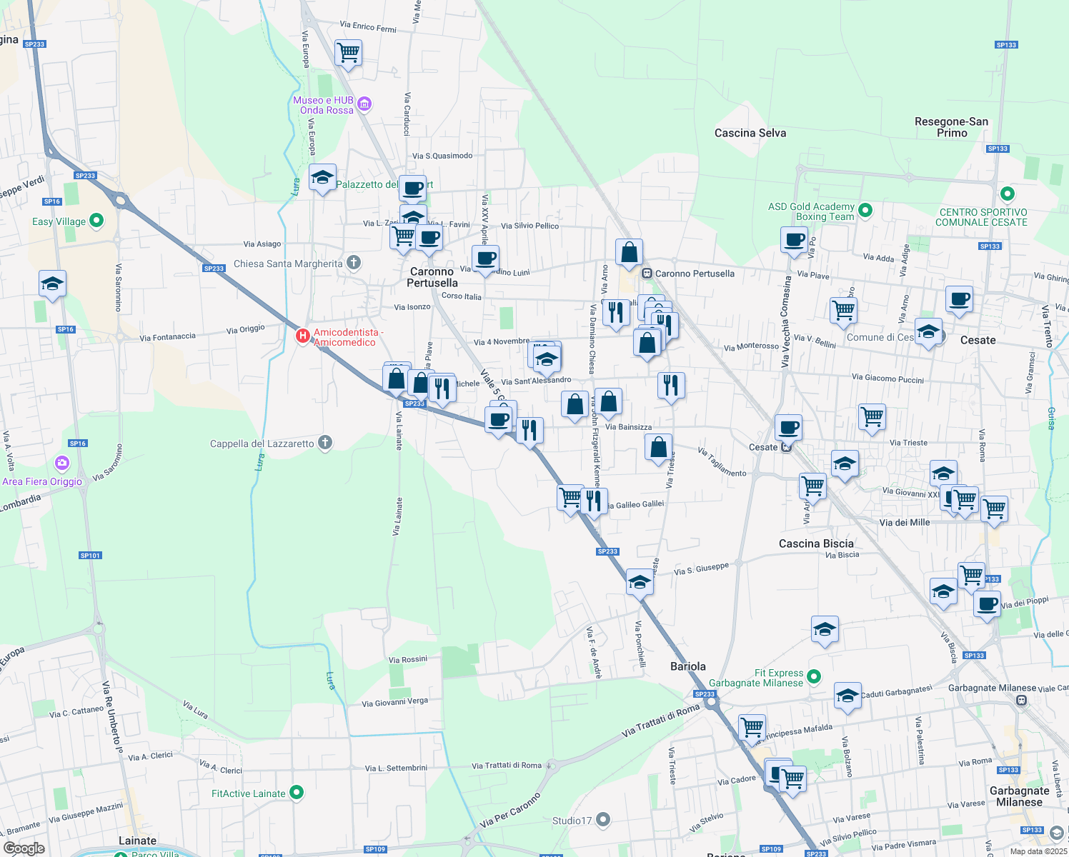 map of restaurants, bars, coffee shops, grocery stores, and more near SP233 in Caronno Pertusella