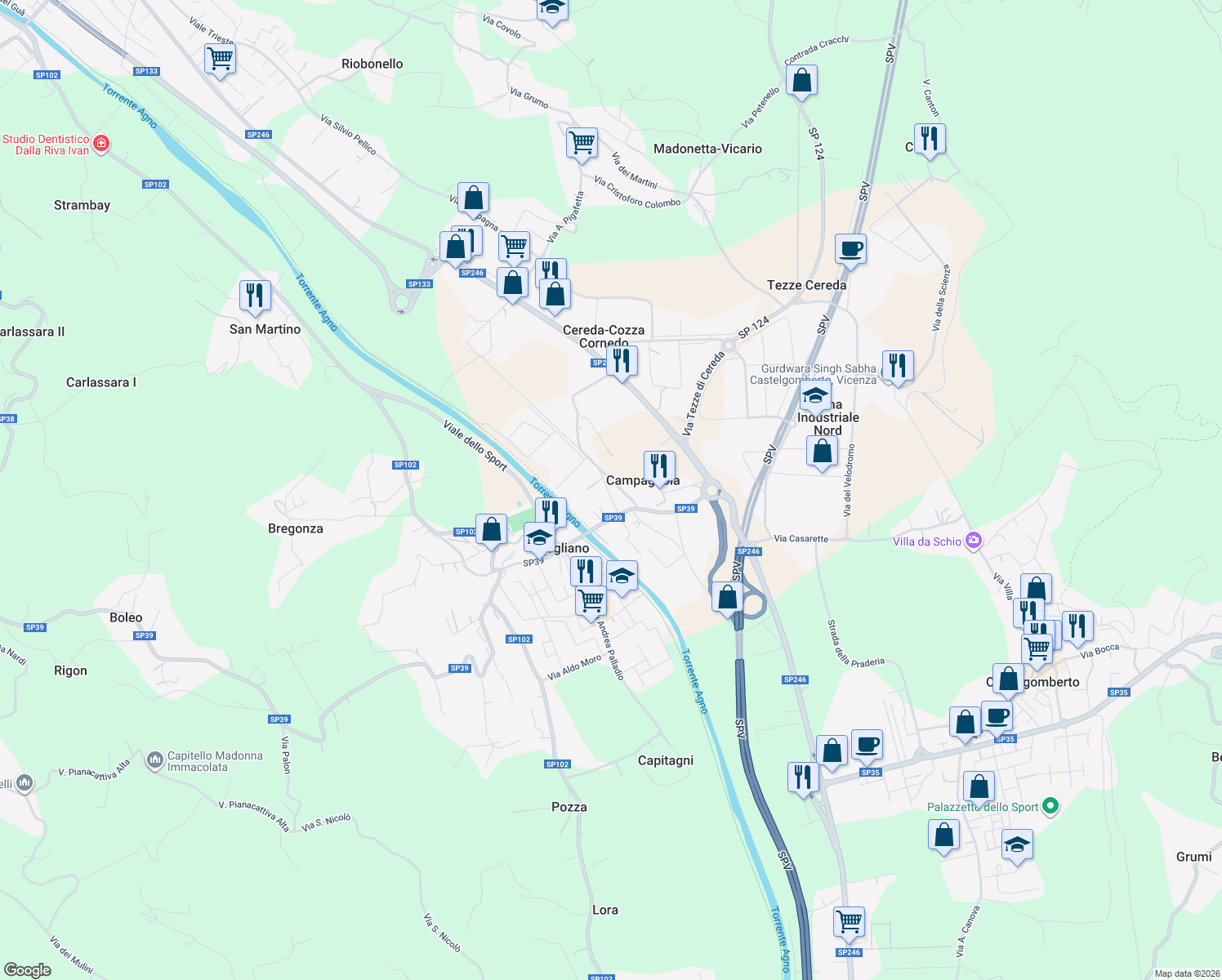 map of restaurants, bars, coffee shops, grocery stores, and more near 45 Strada Provinciale 39 in Brogliano