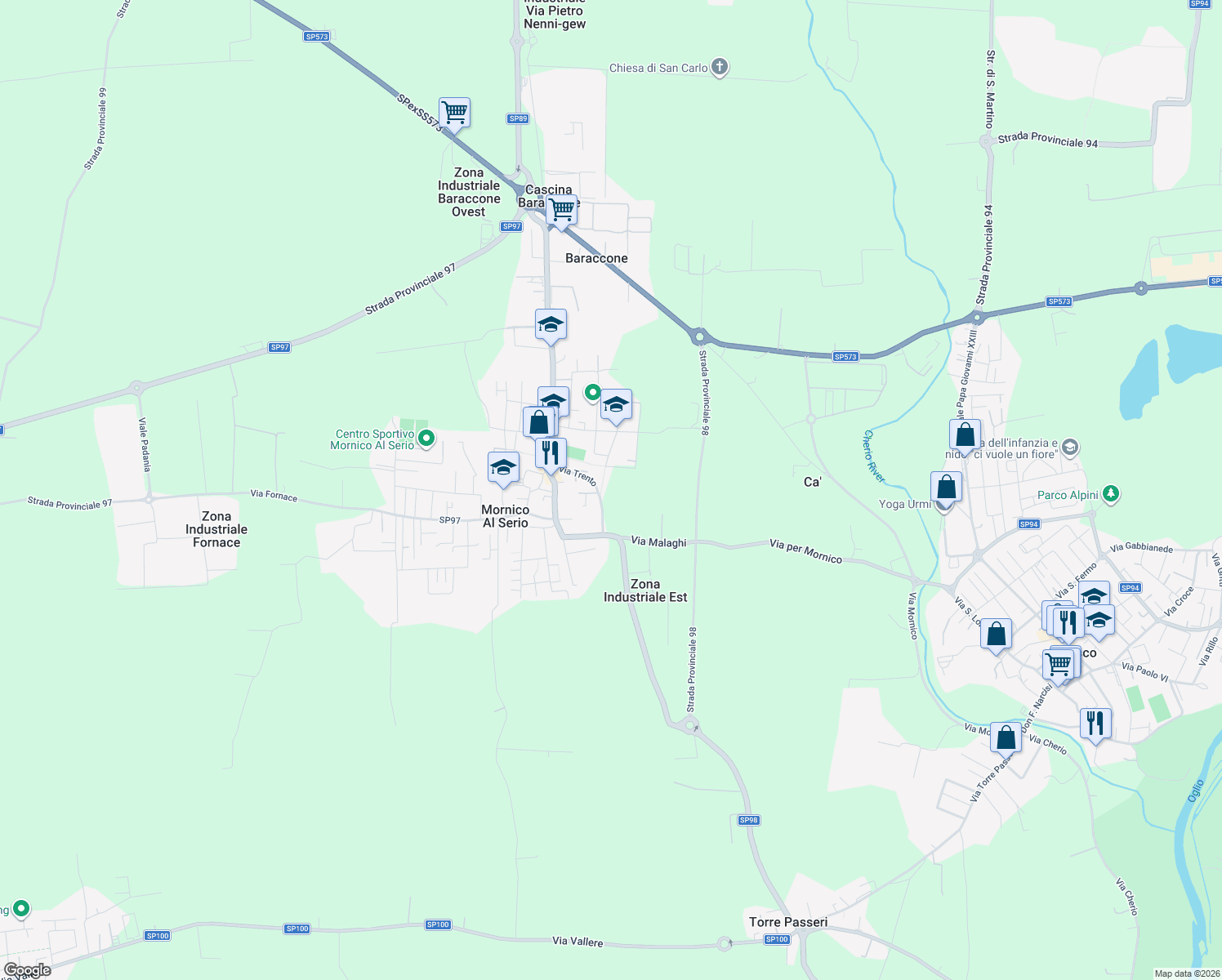 map of restaurants, bars, coffee shops, grocery stores, and more near 7 Via Guglielmo Marconi in Mornico Al Serio