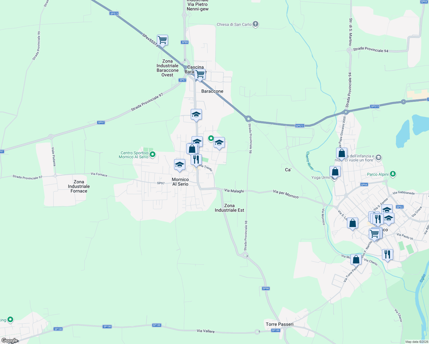 map of restaurants, bars, coffee shops, grocery stores, and more near 7 Via Guglielmo Marconi in Mornico Al Serio