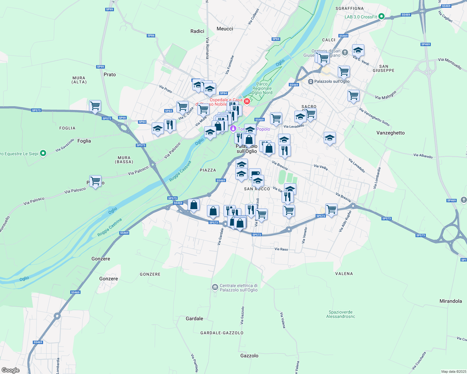 map of restaurants, bars, coffee shops, grocery stores, and more near 8 Via Gardale in Palazzolo sull'Oglio