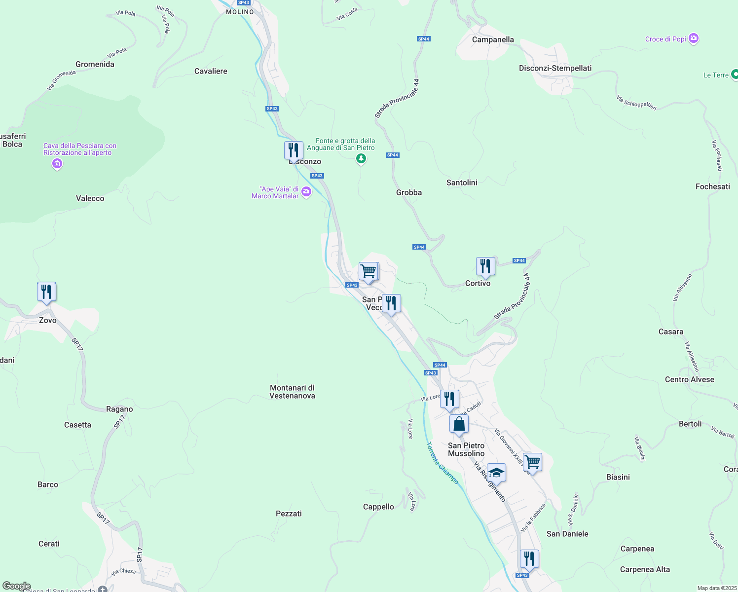 map of restaurants, bars, coffee shops, grocery stores, and more near 6 Via dei Martiri in San Pietro Vecchio