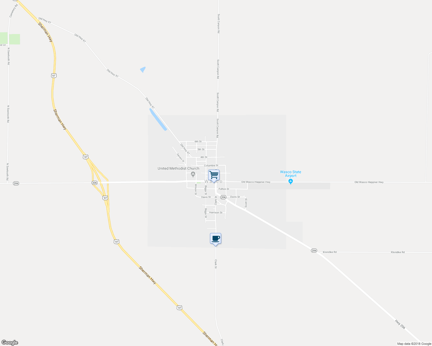 map of restaurants, bars, coffee shops, grocery stores, and more near 1013 Clark Street in Wasco