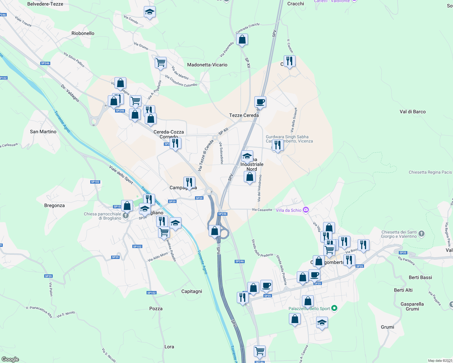 map of restaurants, bars, coffee shops, grocery stores, and more near 19 Via dell' Industria in Zona Industriale Nord