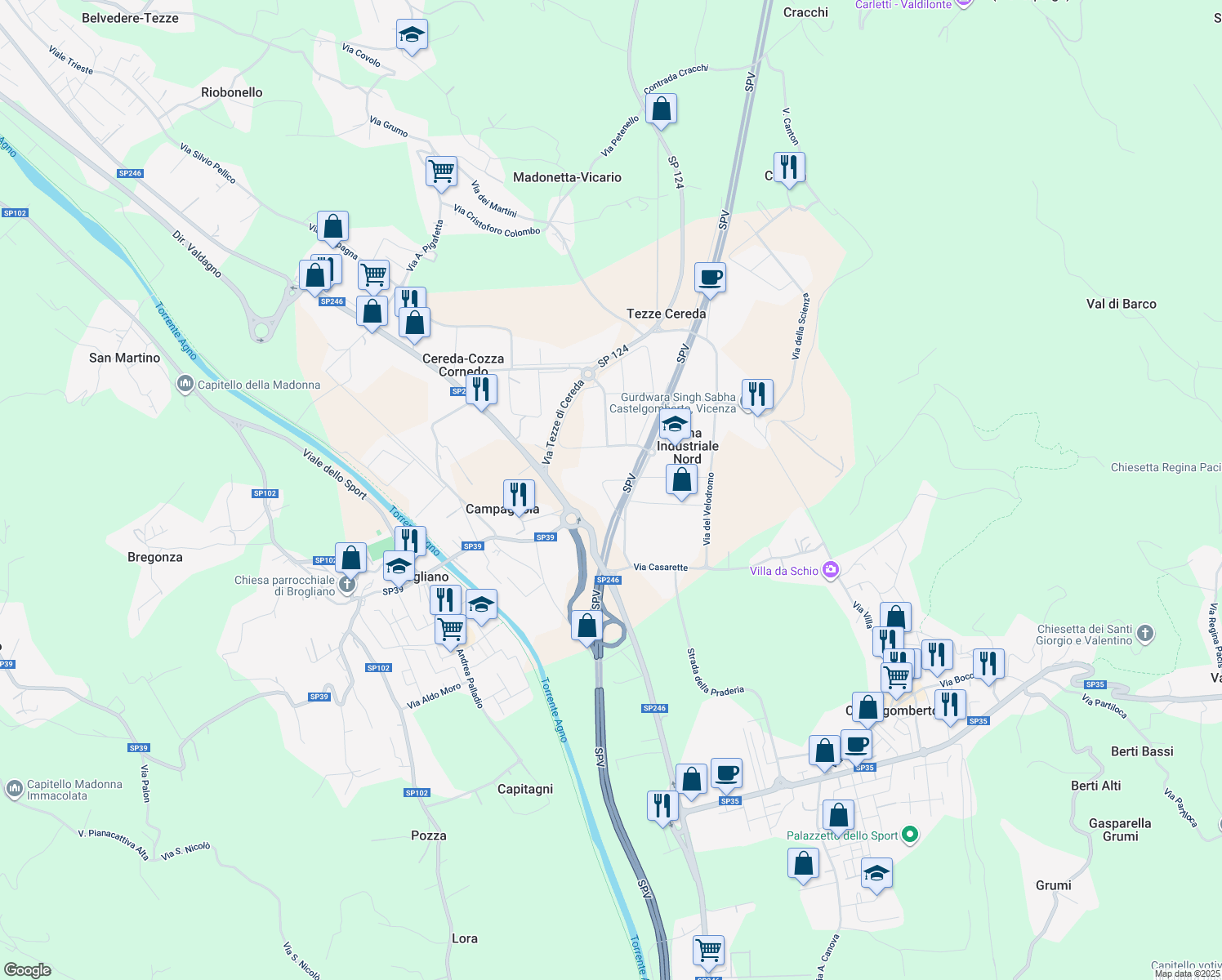 map of restaurants, bars, coffee shops, grocery stores, and more near 19 Via dell' Industria in Zona Industriale Nord