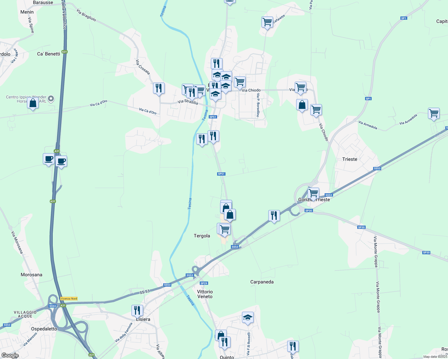 map of restaurants, bars, coffee shops, grocery stores, and more near 43 Via Zuccola in Provincia di Vicenza