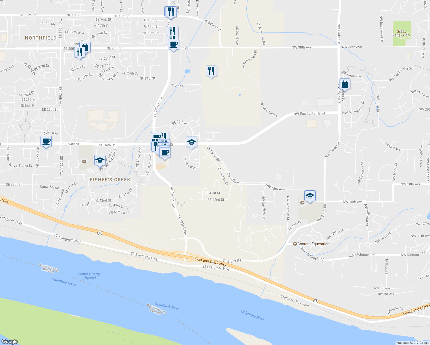map of restaurants, bars, coffee shops, grocery stores, and more near 19810 SE 38th Cir in Camas