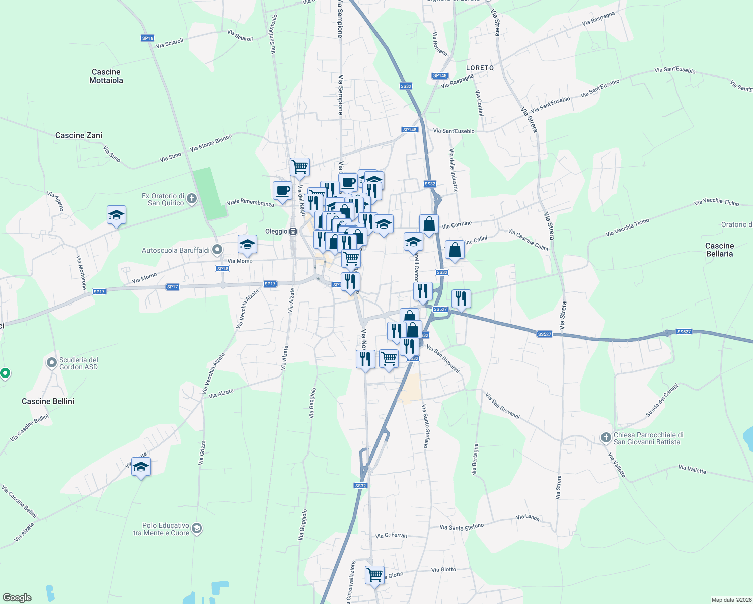 map of restaurants, bars, coffee shops, grocery stores, and more near 10 Via Vecchia Circonvallazione in Oleggio