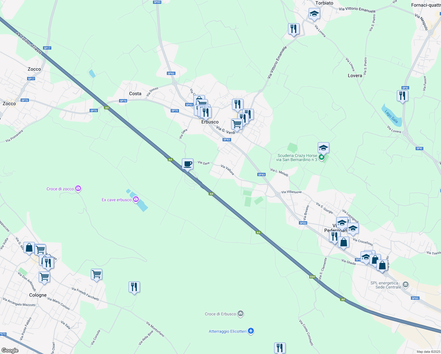 map of restaurants, bars, coffee shops, grocery stores, and more near 16 Via Fornaci in Erbusco