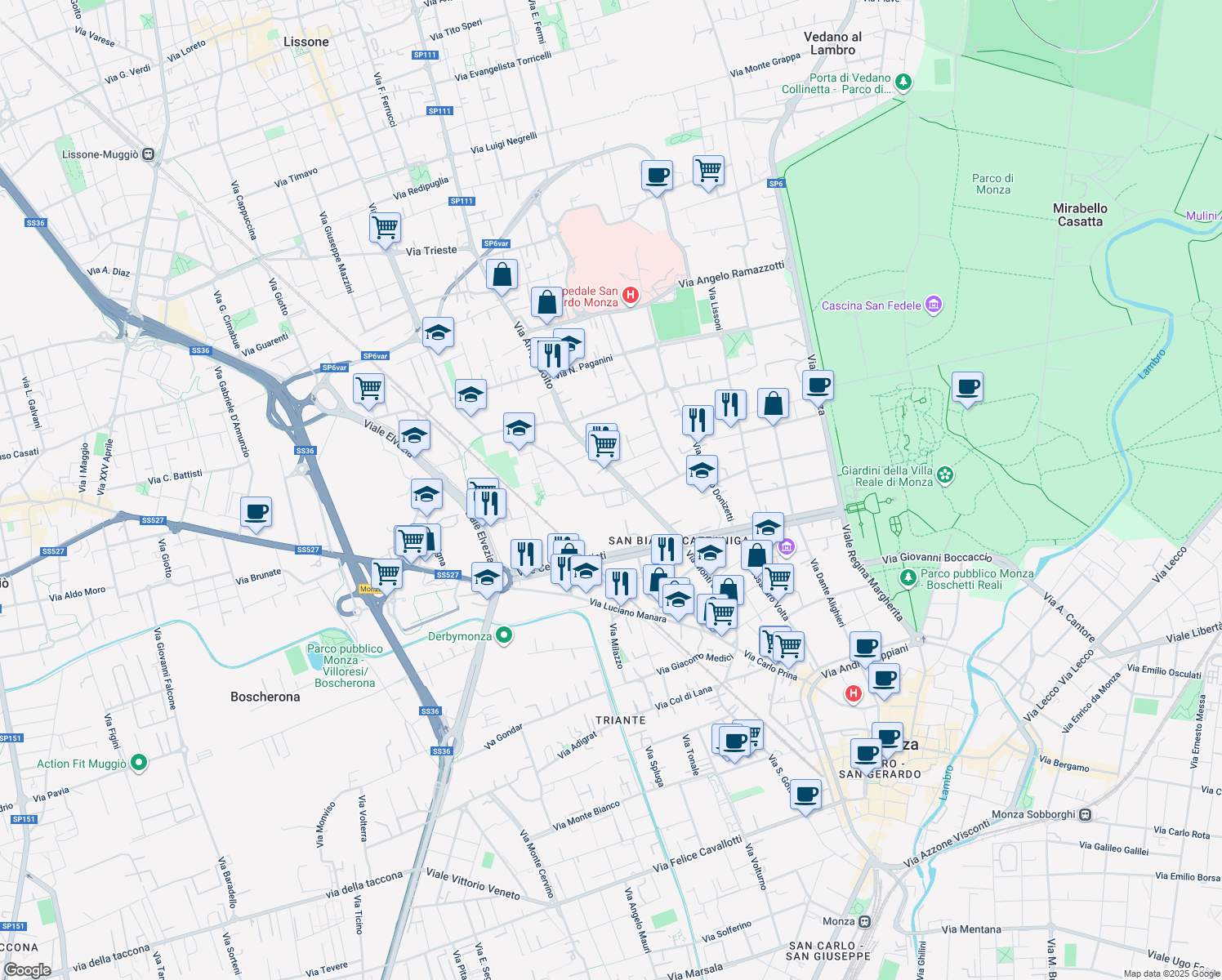 map of restaurants, bars, coffee shops, grocery stores, and more near 6 Via Arrigo Boito in Monza