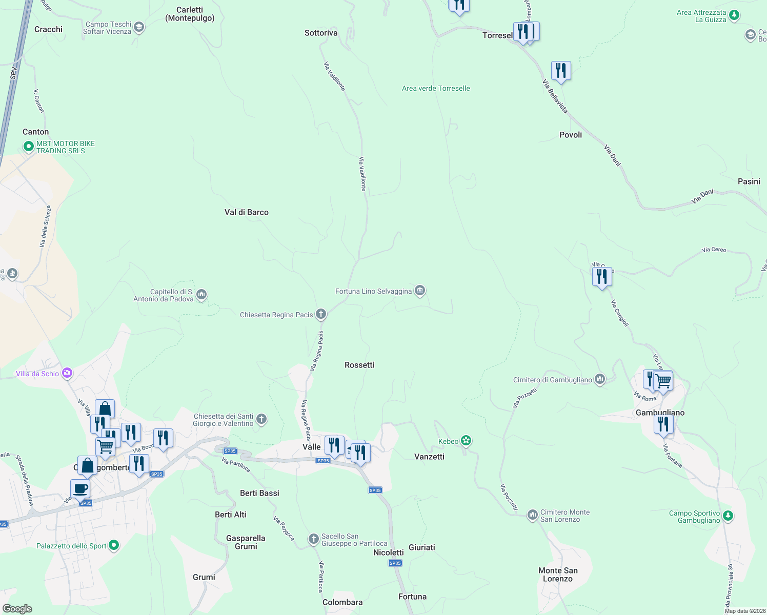 map of restaurants, bars, coffee shops, grocery stores, and more near 12 Contrada Valdicase in Provincia di Vicenza