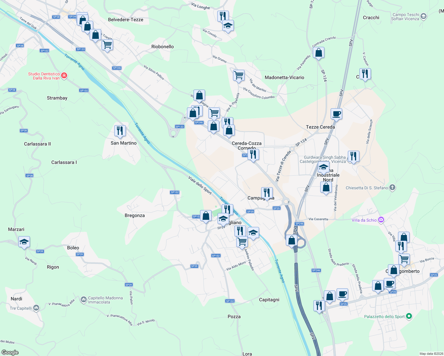 map of restaurants, bars, coffee shops, grocery stores, and more near 4 Via della Scienza in Brogliano