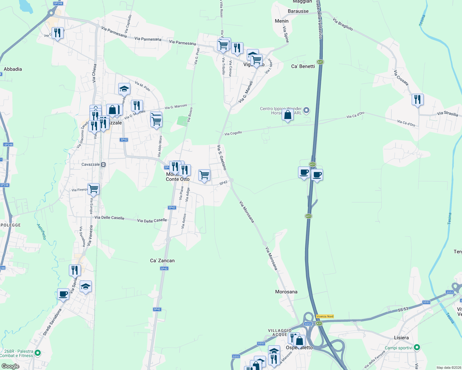map of restaurants, bars, coffee shops, grocery stores, and more near 68 Via Roma in Monticello Conte Otto