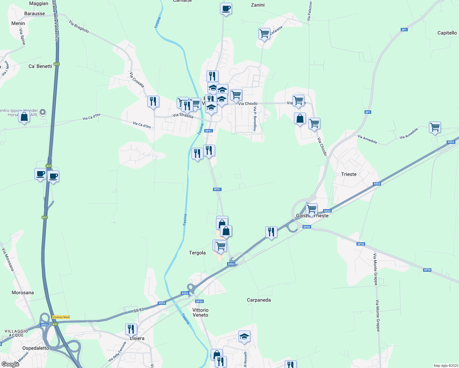 map of restaurants, bars, coffee shops, grocery stores, and more near 43 Via Zuccola in Vicenza