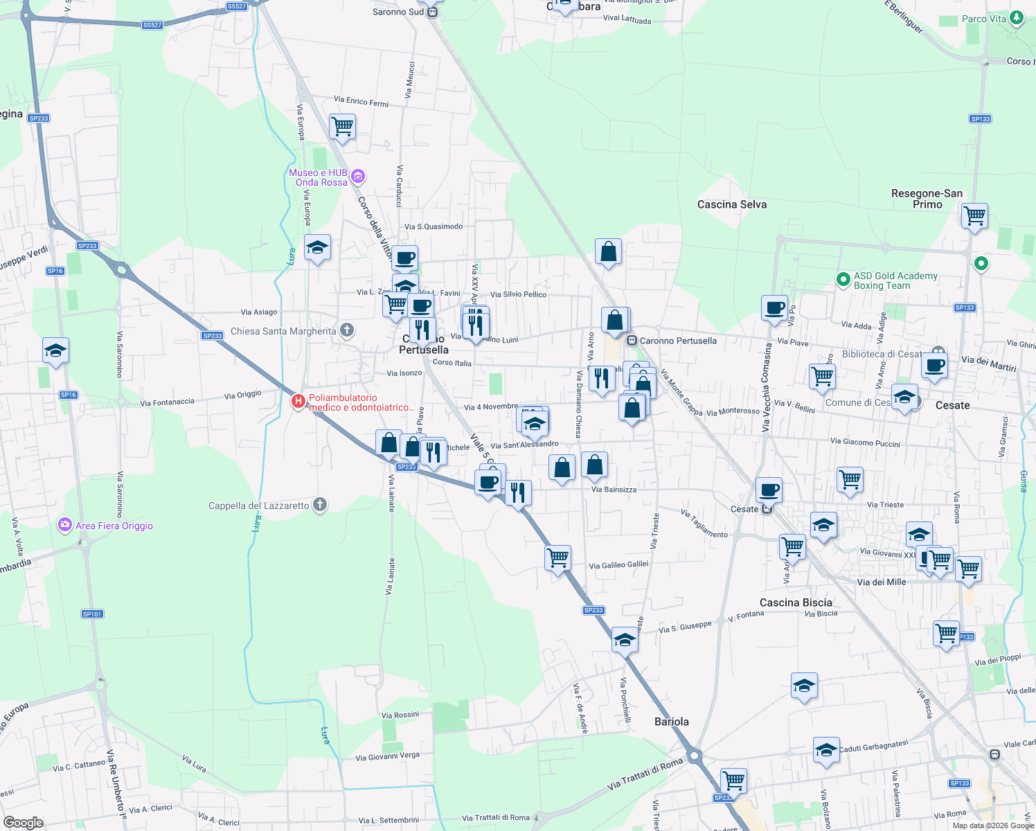 map of restaurants, bars, coffee shops, grocery stores, and more near 321 Via 4 Novembre in Caronno Pertusella