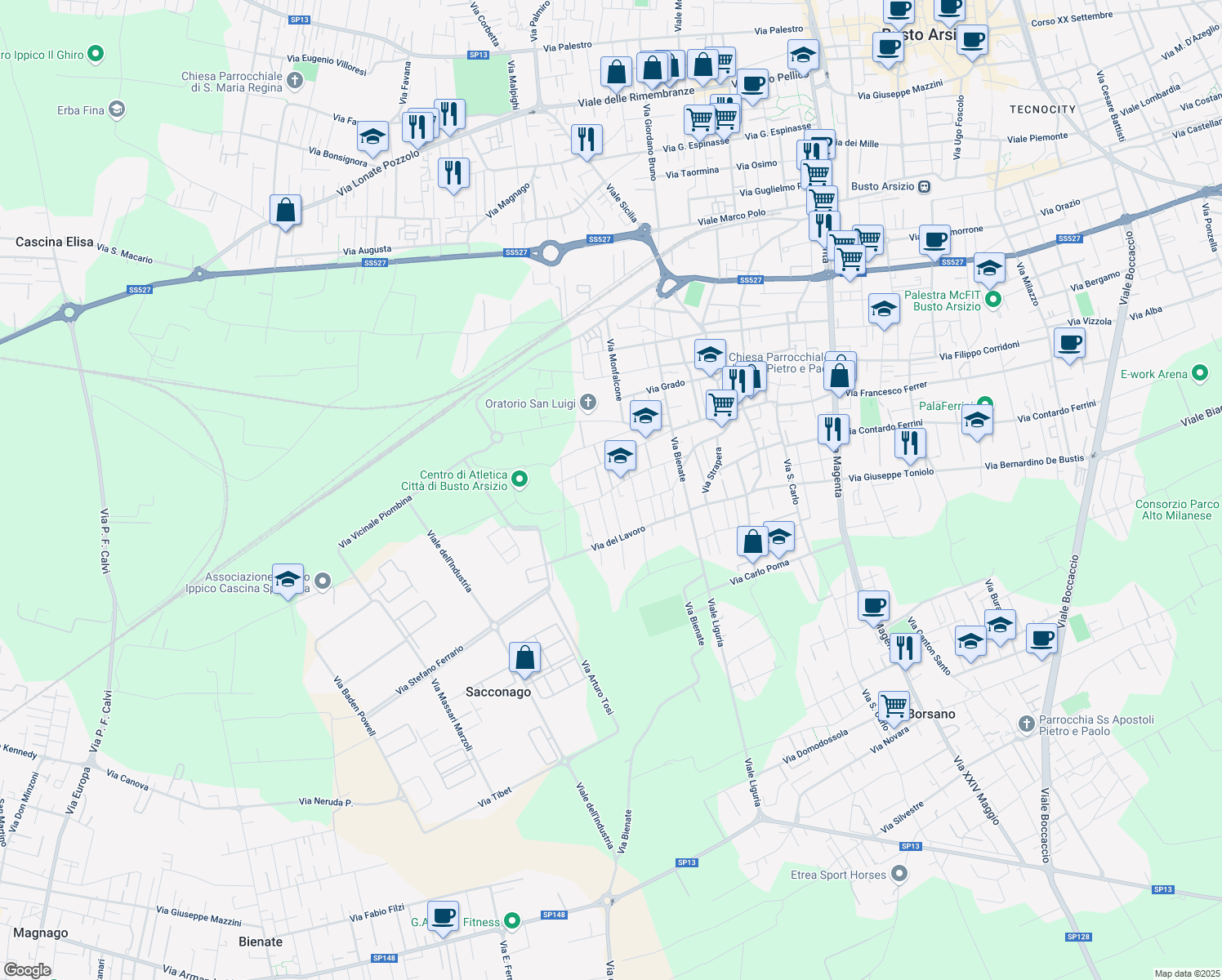 map of restaurants, bars, coffee shops, grocery stores, and more near 28 Via Ronchetto in Busto Arsizio