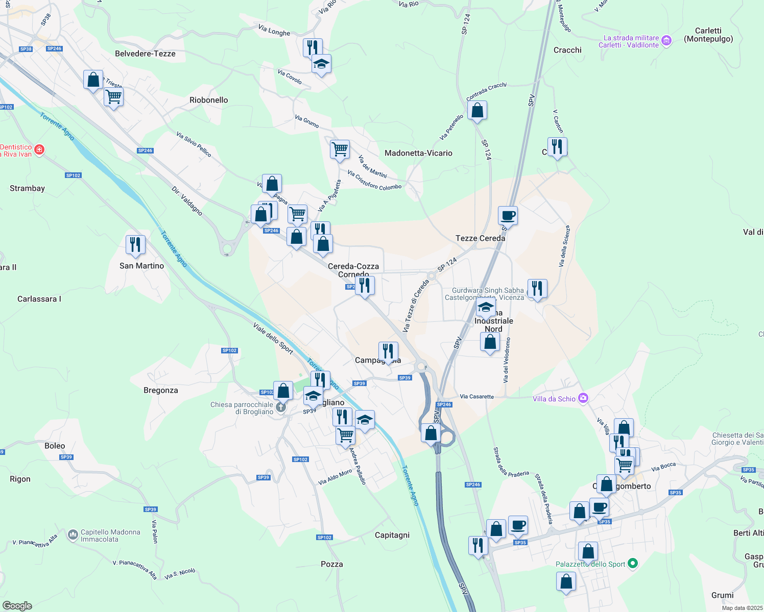 map of restaurants, bars, coffee shops, grocery stores, and more near 113 Via Monte Verlaldo in Cereda-cozza Cornedo