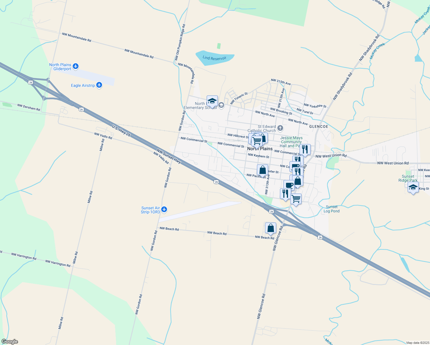 map of restaurants, bars, coffee shops, grocery stores, and more near 32025 Northwest Meadow Drive in North Plains