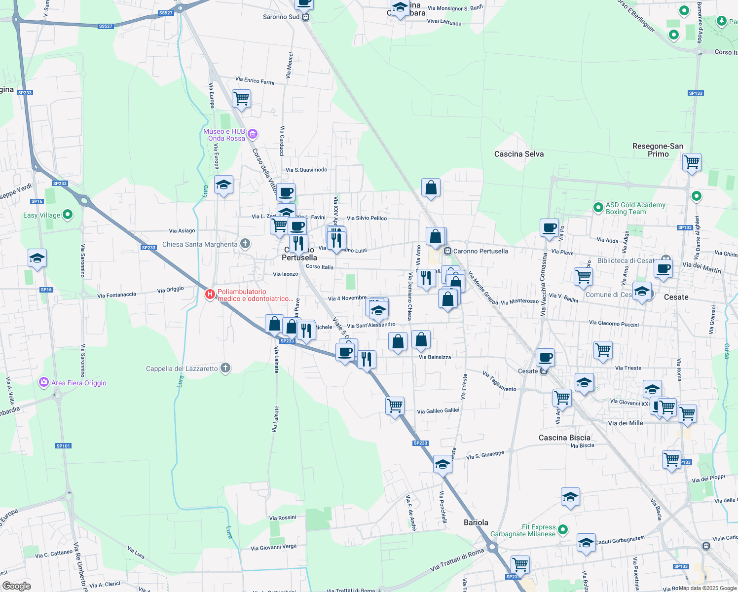 map of restaurants, bars, coffee shops, grocery stores, and more near 321 Via 4 Novembre in Caronno Pertusella