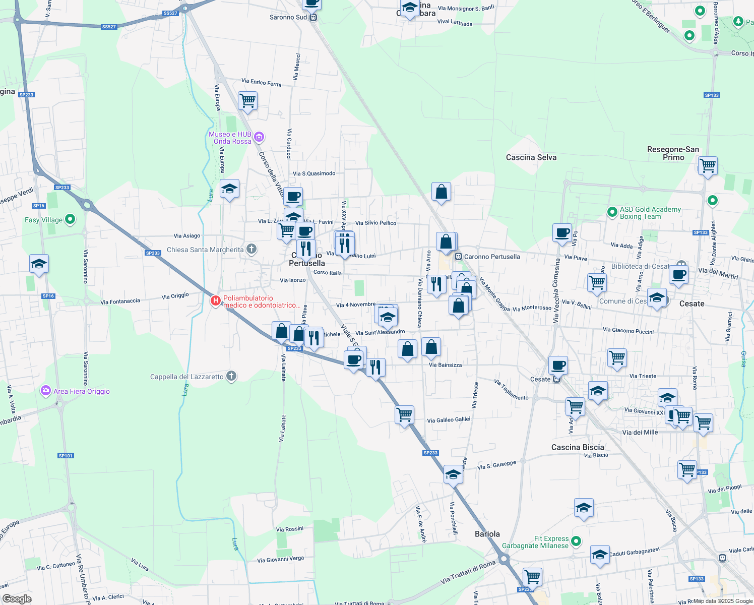 map of restaurants, bars, coffee shops, grocery stores, and more near 321 Via 4 Novembre in Caronno Pertusella
