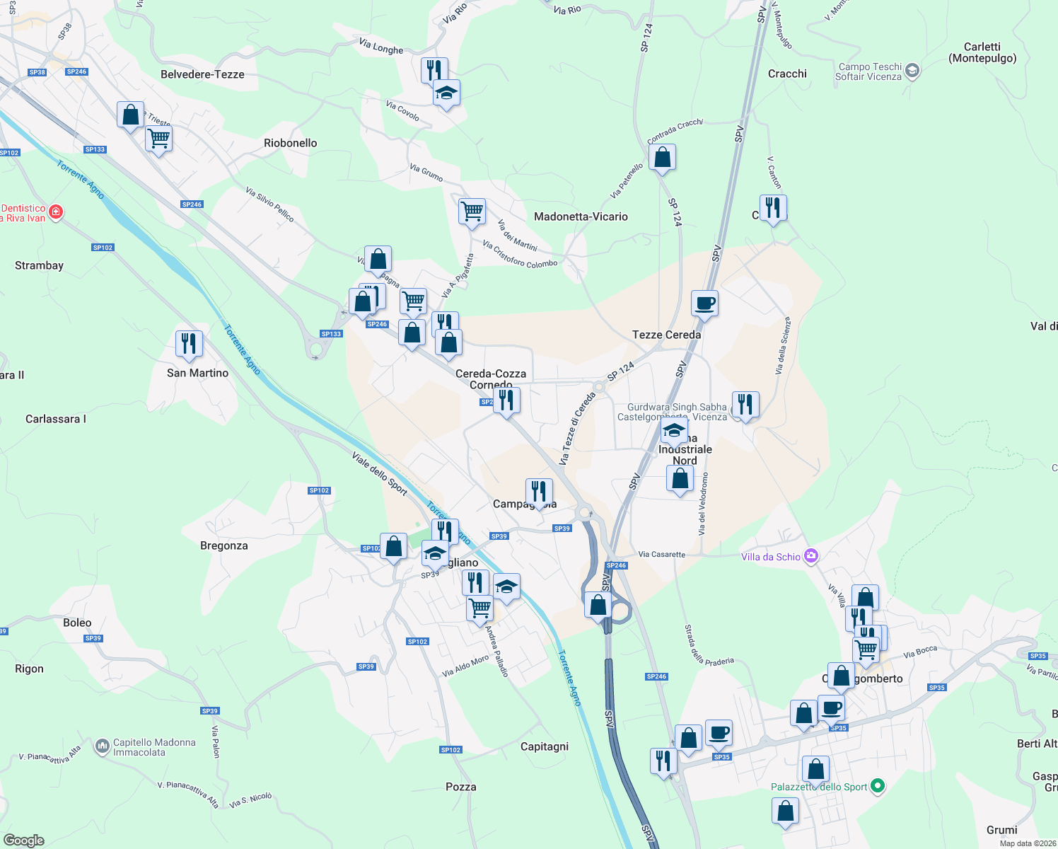map of restaurants, bars, coffee shops, grocery stores, and more near 113 Via Monte Verlaldo in Cereda-cozza Cornedo