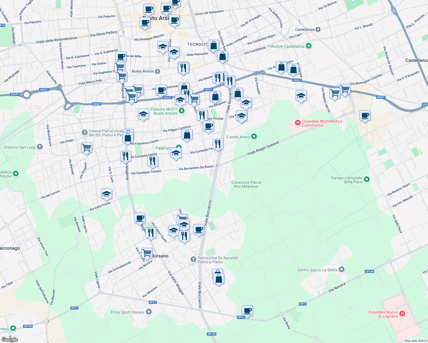 map of restaurants, bars, coffee shops, grocery stores, and more near 71B Viale Boccaccio Giovanni in Busto Arsizio