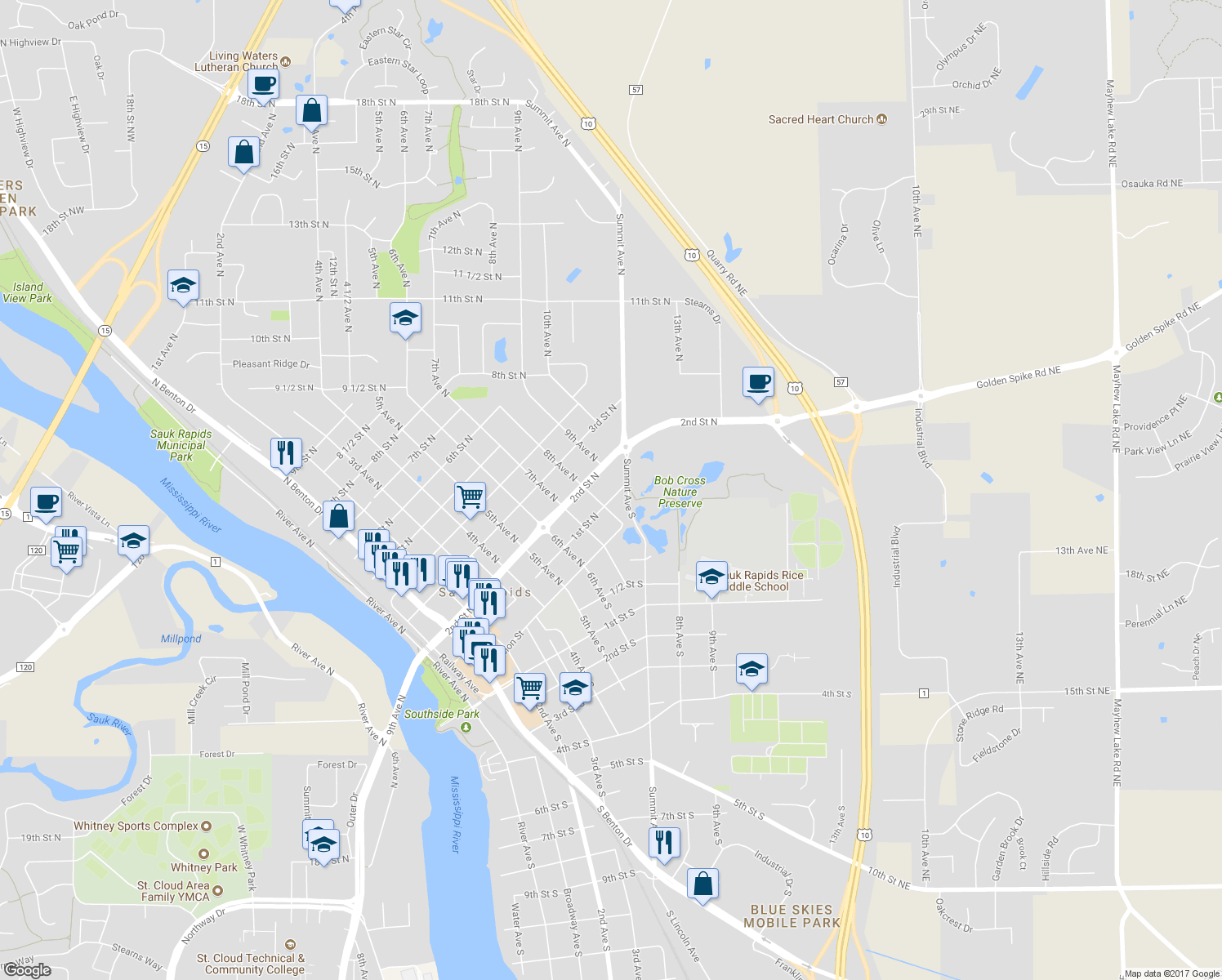 map of restaurants, bars, coffee shops, grocery stores, and more near 811 1st Street North in Sauk Rapids