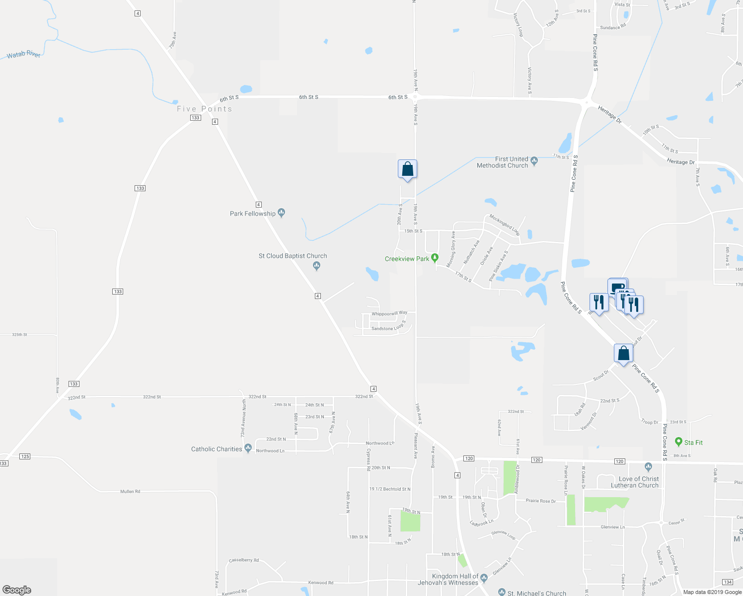 map of restaurants, bars, coffee shops, grocery stores, and more near 2055 Sandstone Loop North in Sartell