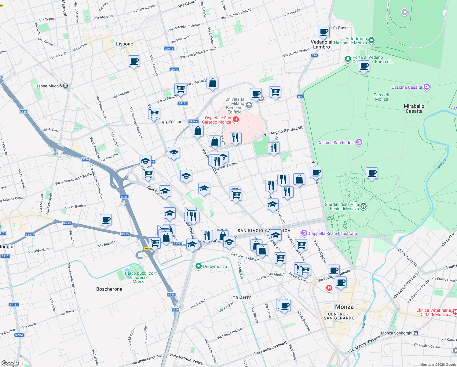 map of restaurants, bars, coffee shops, grocery stores, and more near 5 Via Muzio Clementi in Monza