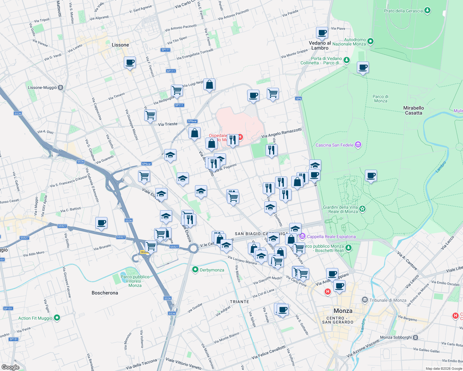 map of restaurants, bars, coffee shops, grocery stores, and more near 5 Via Muzio Clementi in Monza