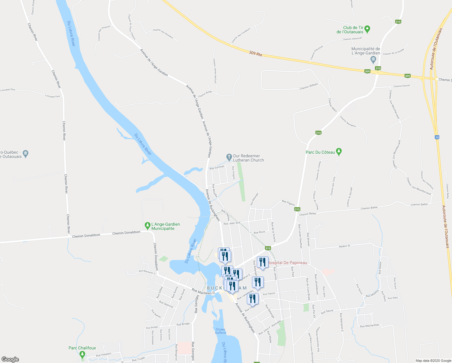 map of restaurants, bars, coffee shops, grocery stores, and more near 131 Rue Judge in Gatineau