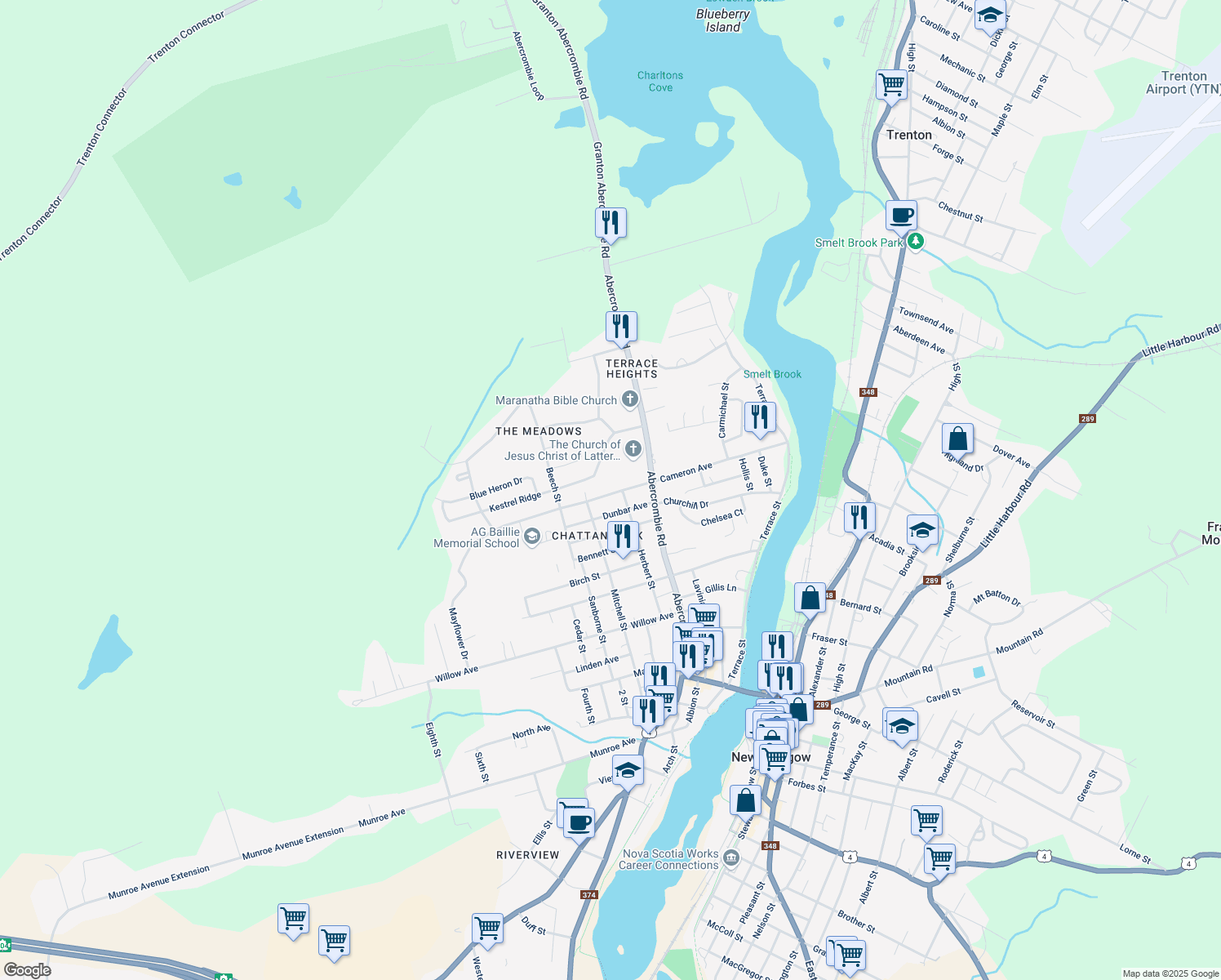 map of restaurants, bars, coffee shops, grocery stores, and more near 345 Cameron Avenue in New Glasgow