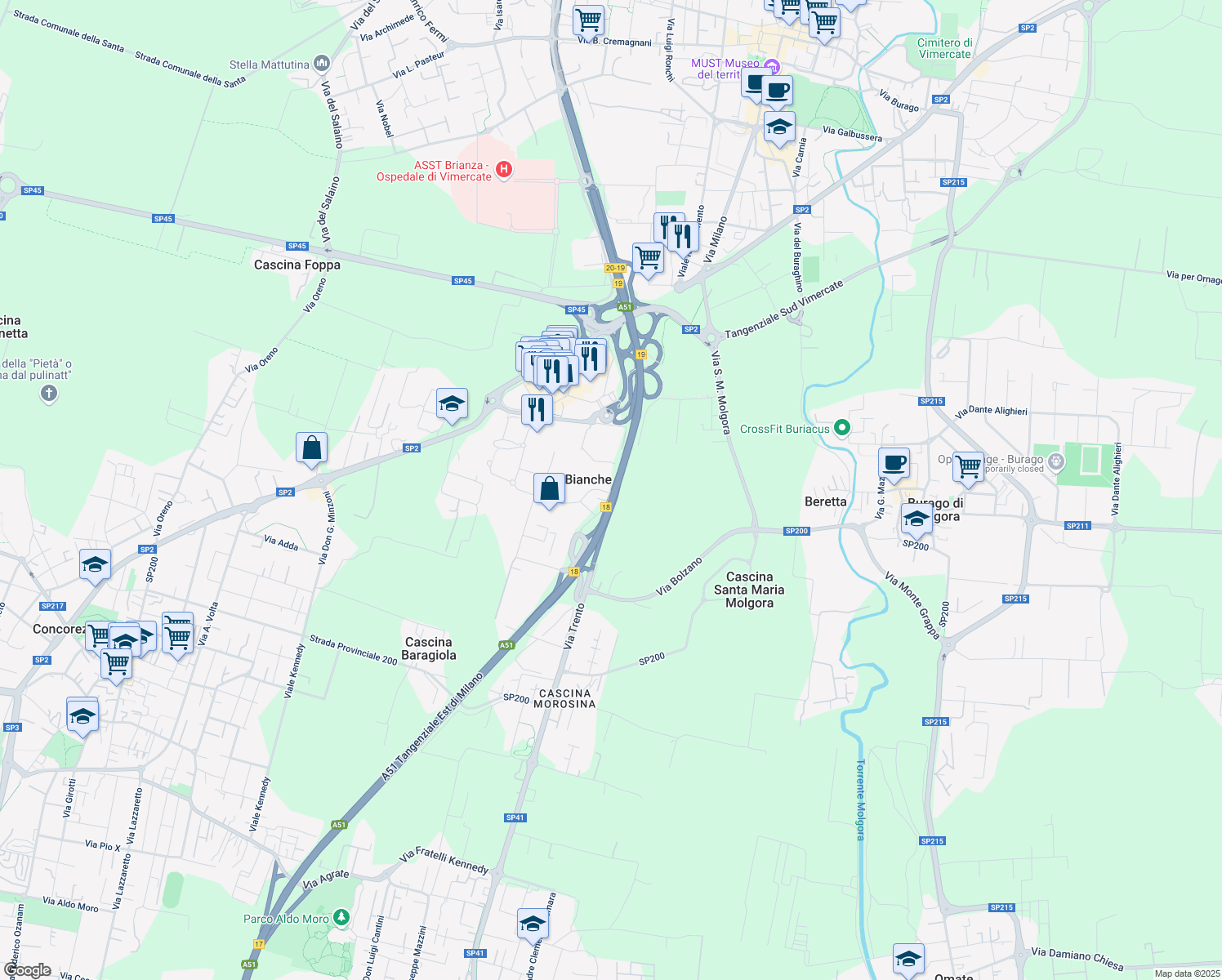 map of restaurants, bars, coffee shops, grocery stores, and more near 28 Via Trento in Torri Bianche