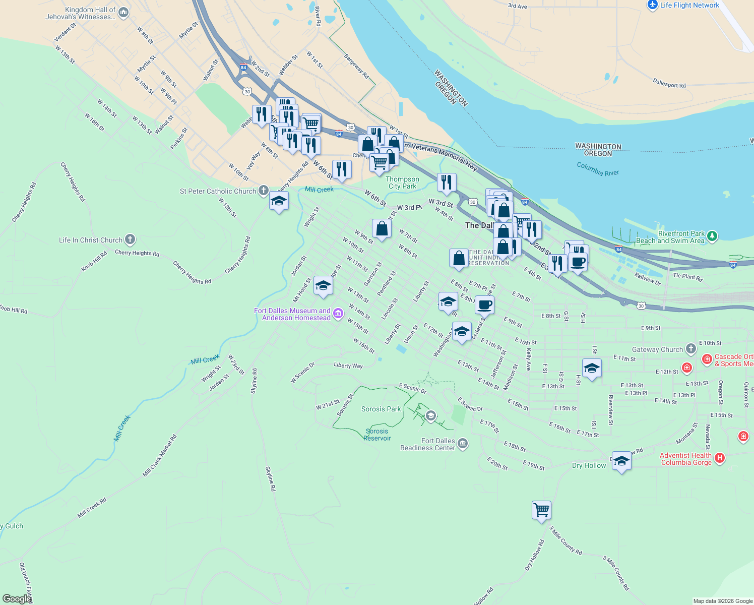 map of restaurants, bars, coffee shops, grocery stores, and more near 1316 Pentland Street in The Dalles