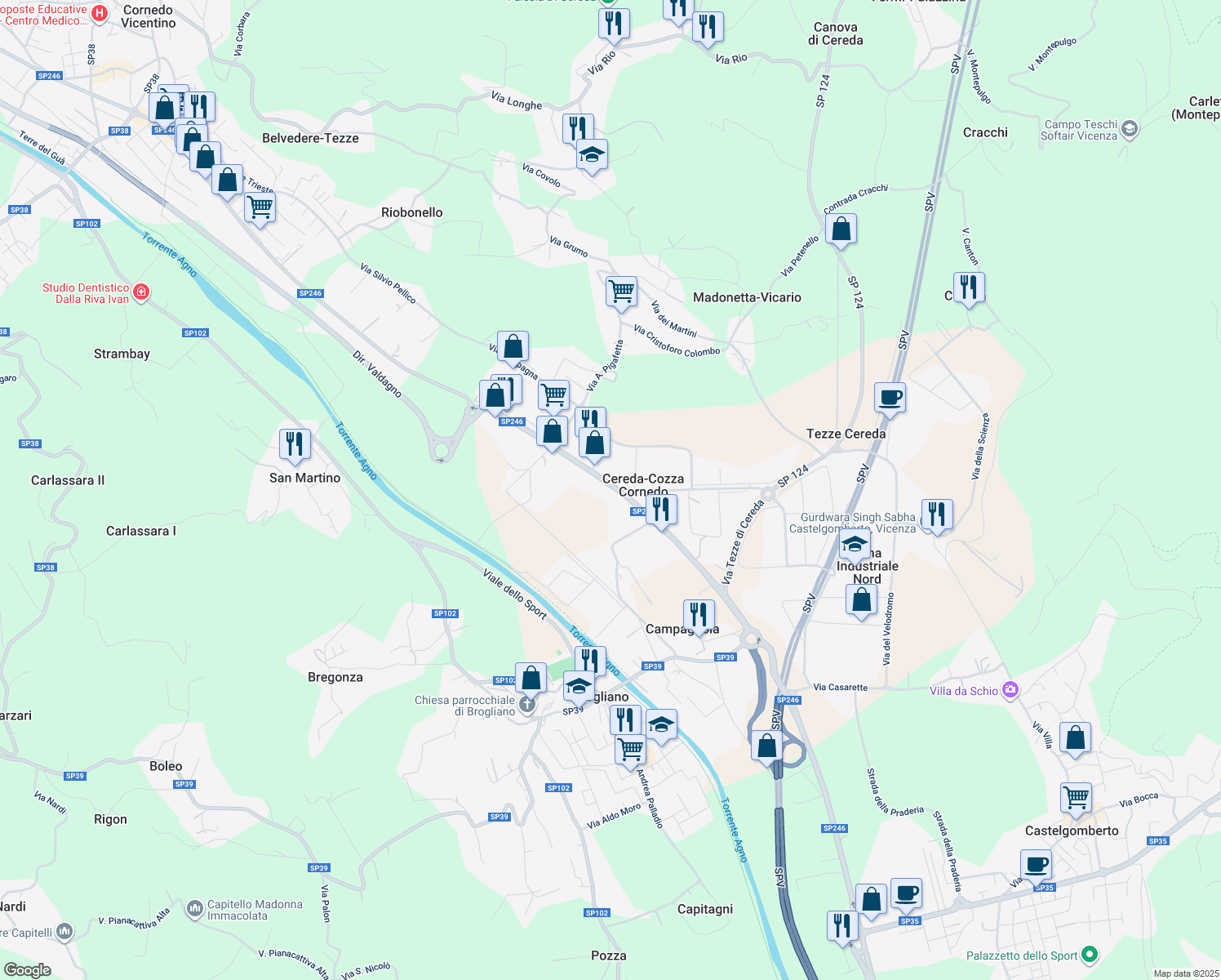 map of restaurants, bars, coffee shops, grocery stores, and more near 42A Via Monte Verlaldo in Cereda-cozza Cornedo