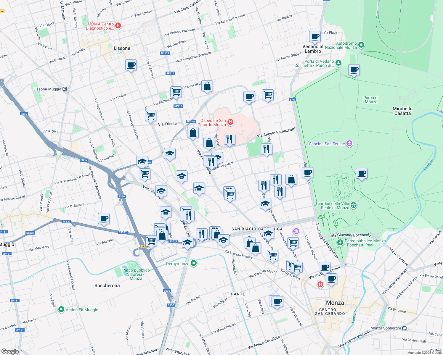 map of restaurants, bars, coffee shops, grocery stores, and more near 10 Via N. Paganini in Monza