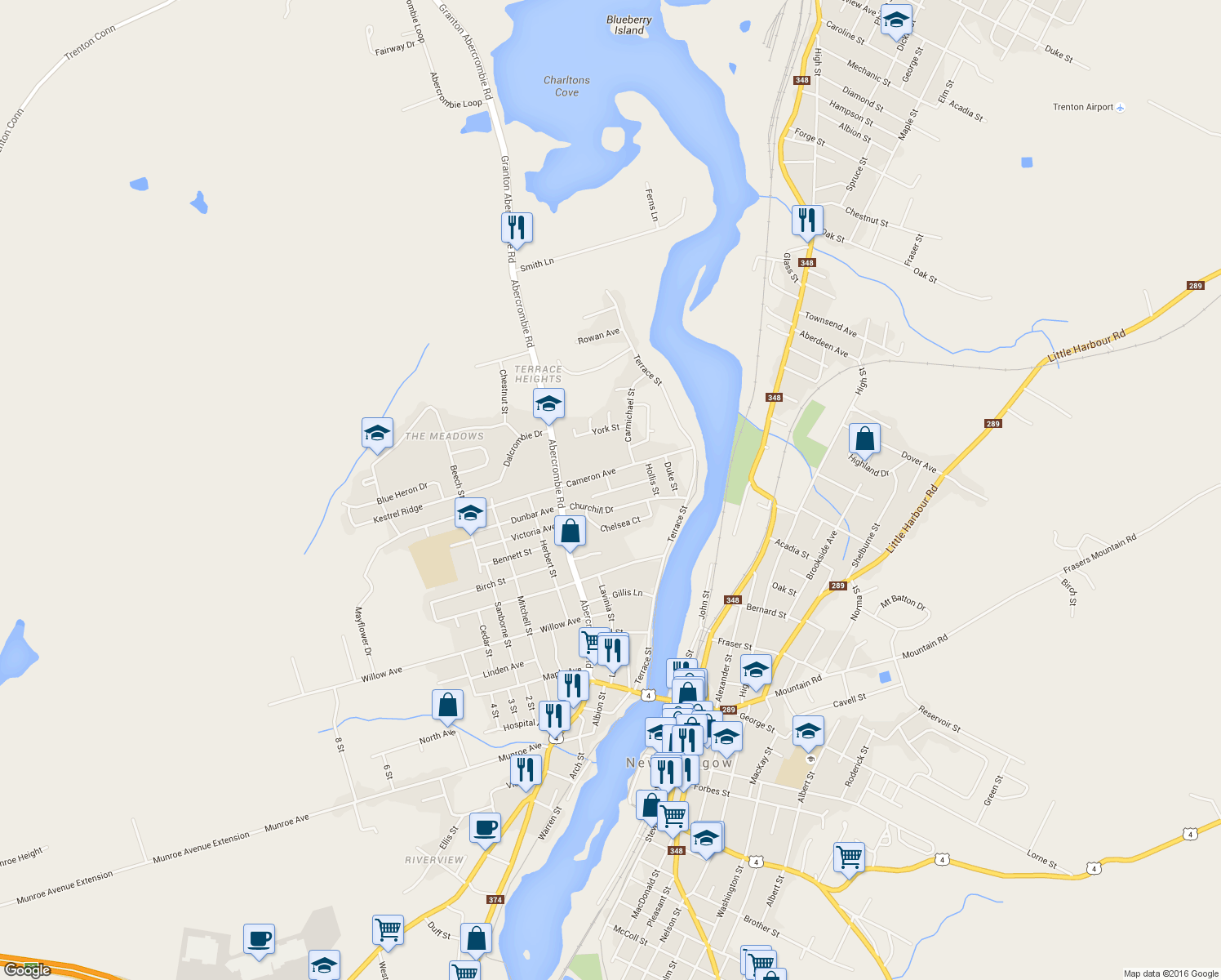map of restaurants, bars, coffee shops, grocery stores, and more near 333 Queen Street in New Glasgow