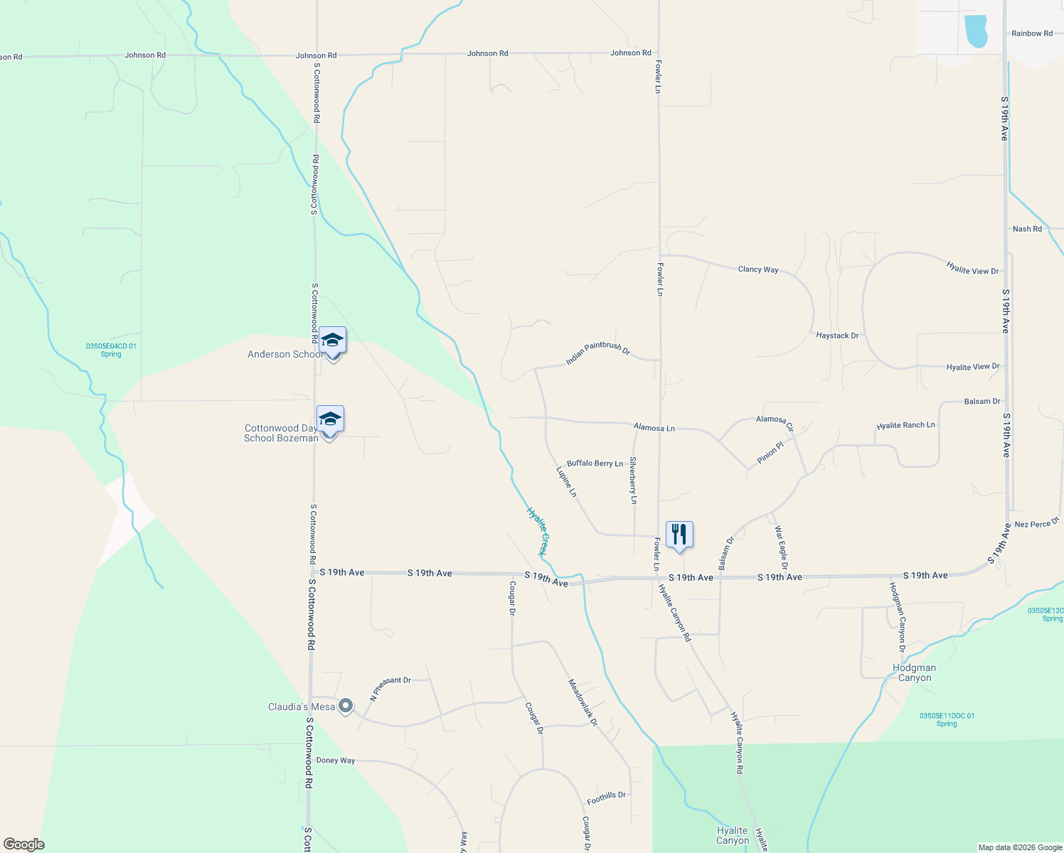 map of restaurants, bars, coffee shops, grocery stores, and more near 6170 Alamosa Lane in Bozeman