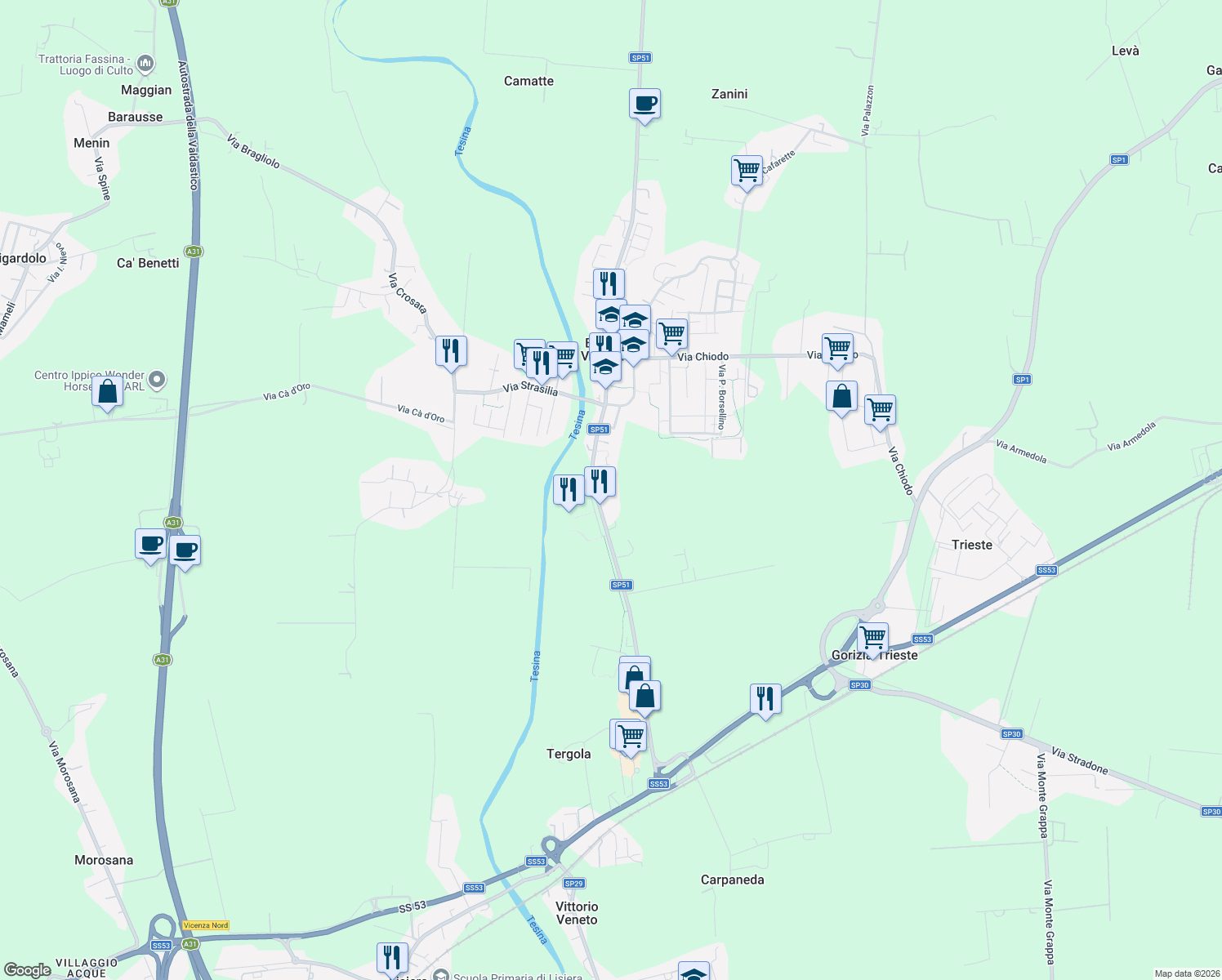 map of restaurants, bars, coffee shops, grocery stores, and more near 31 Via Zuccola in Bolzano Vicentino