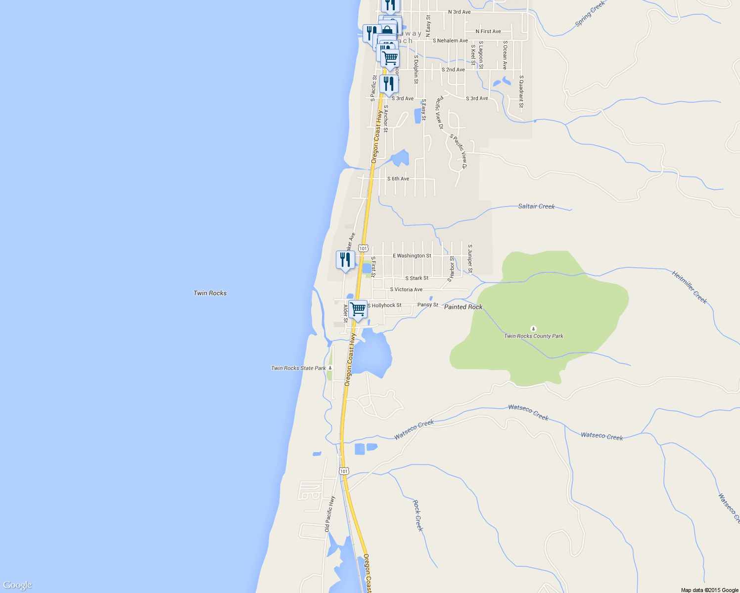map of restaurants, bars, coffee shops, grocery stores, and more near 8080 South Minnehaha Street in Rockaway Beach