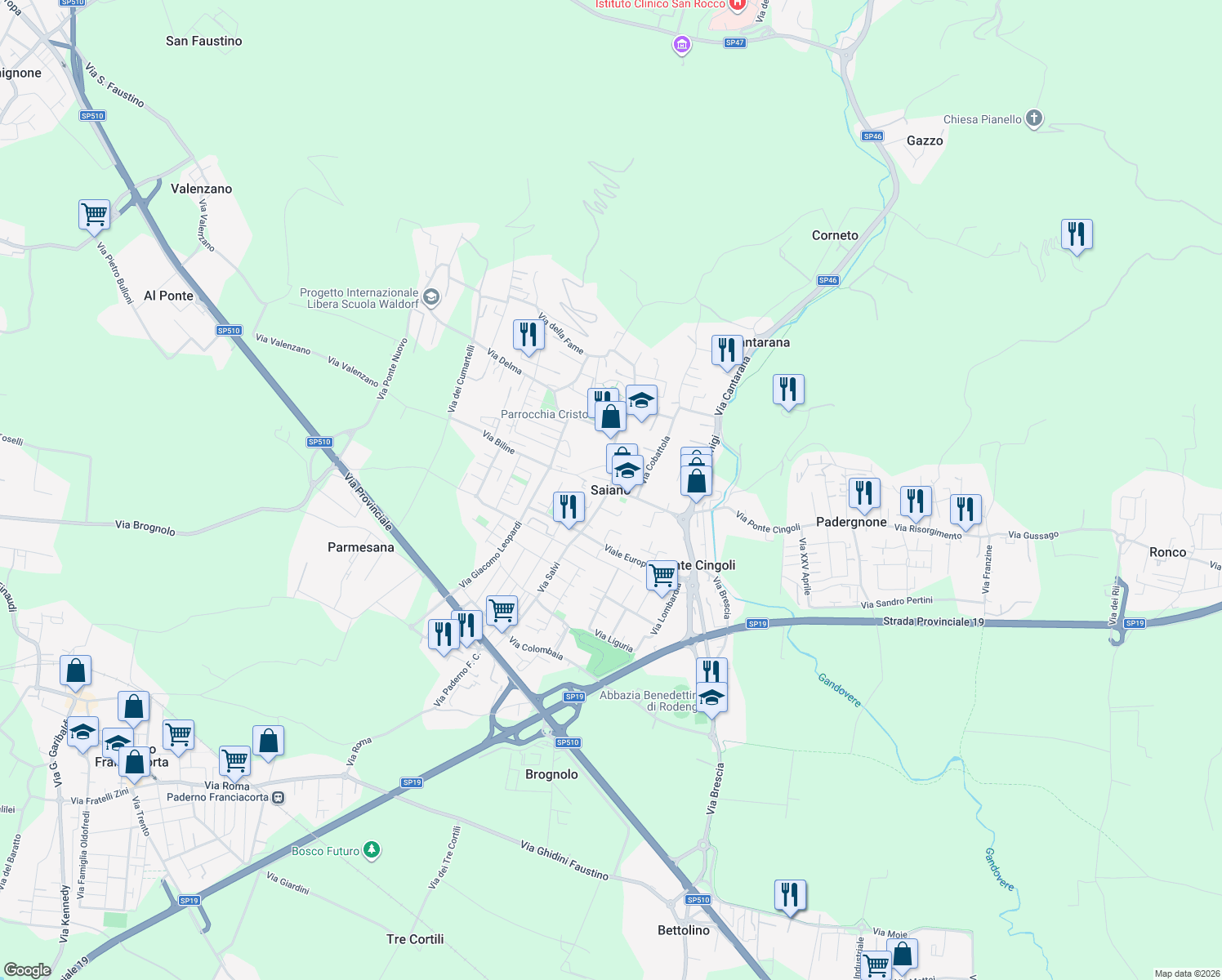 map of restaurants, bars, coffee shops, grocery stores, and more near 46A Via Castello in Ponte Cingoli
