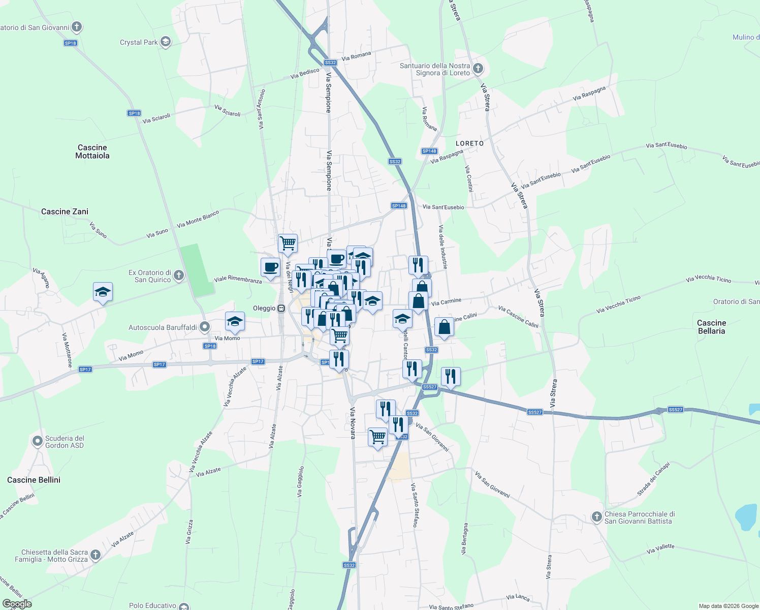 map of restaurants, bars, coffee shops, grocery stores, and more near 62 Via Luigi Sante Colonna in Oleggio