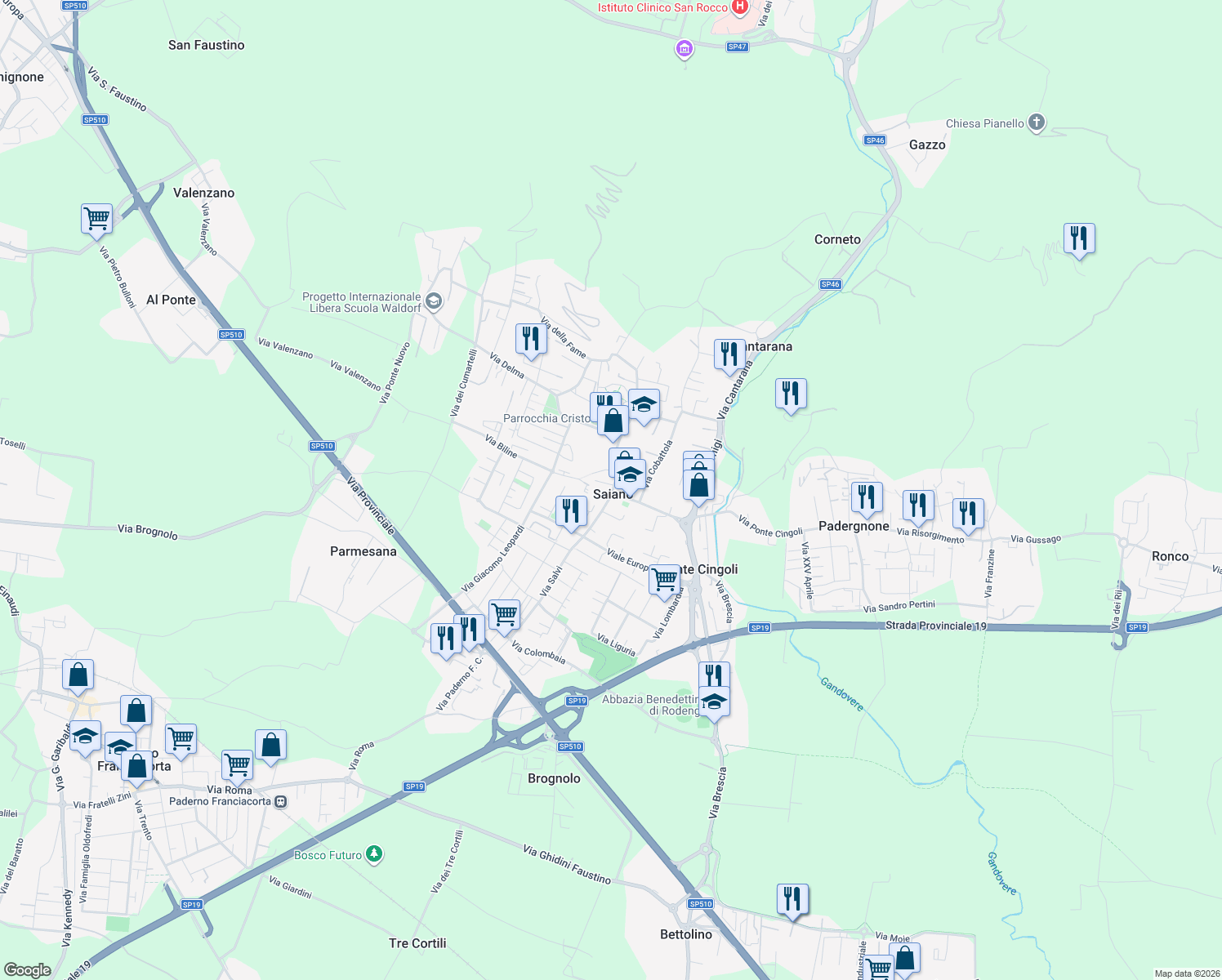 map of restaurants, bars, coffee shops, grocery stores, and more near 46A Via Castello in Ponte Cingoli