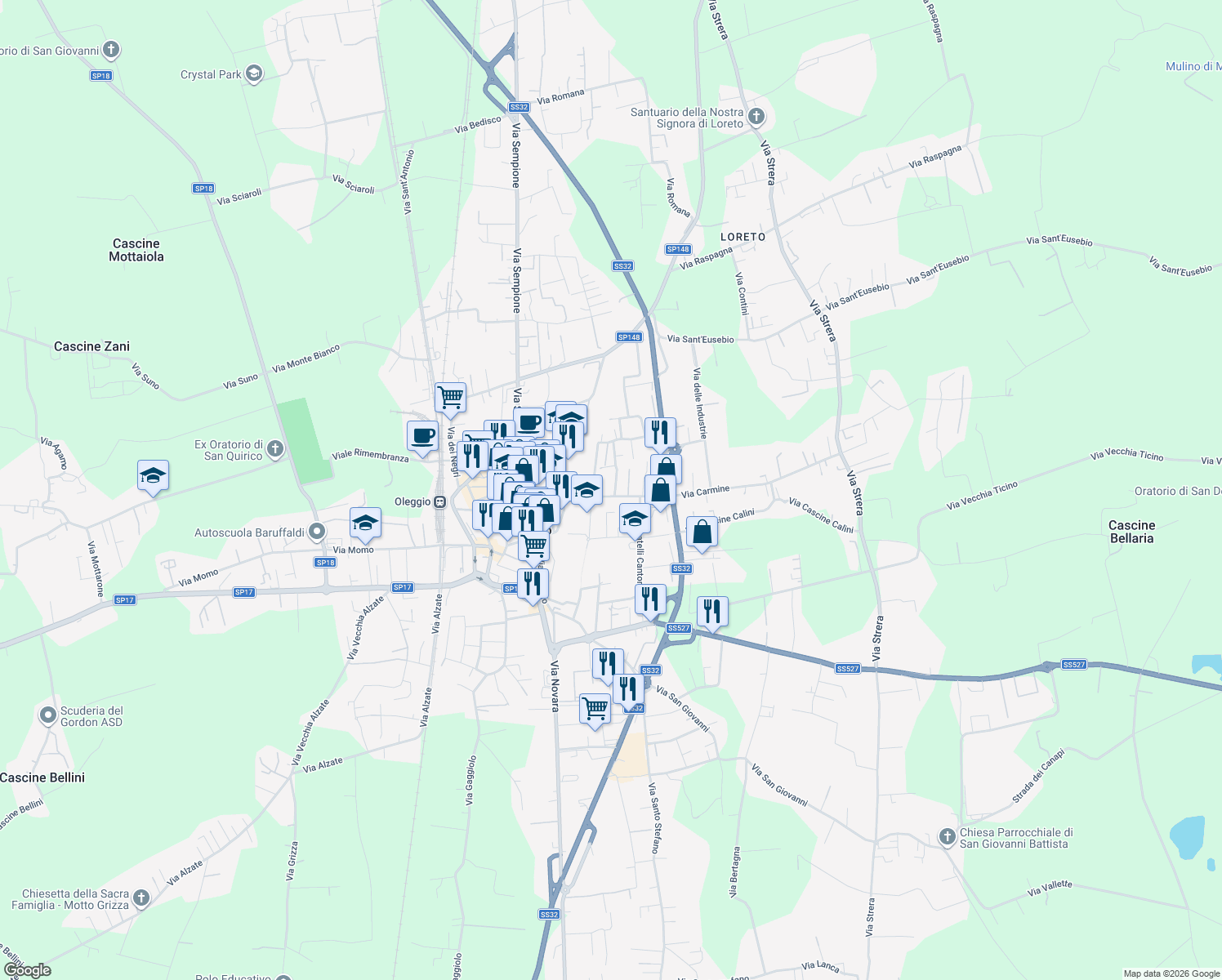 map of restaurants, bars, coffee shops, grocery stores, and more near 62 Via Luigi Sante Colonna in Oleggio