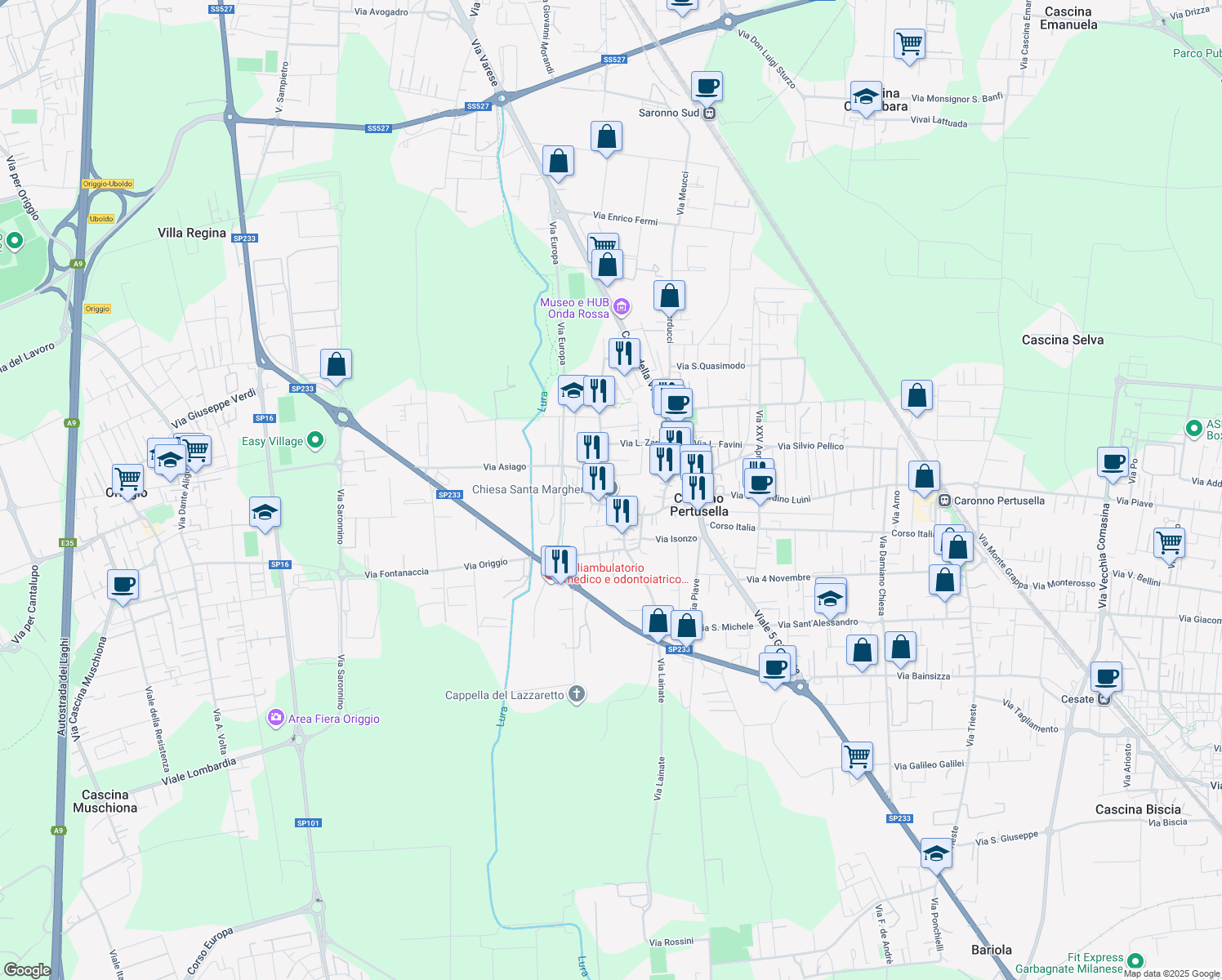 map of restaurants, bars, coffee shops, grocery stores, and more near 43 Via Pola in Caronno Pertusella