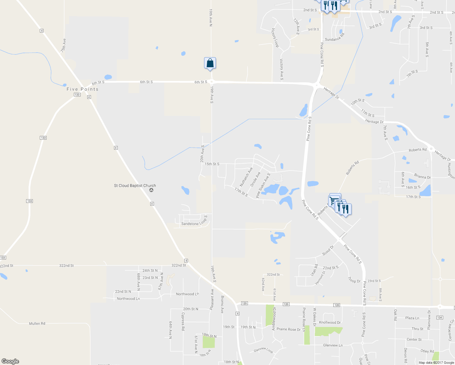 map of restaurants, bars, coffee shops, grocery stores, and more near 1505 17th Street South in Sartell
